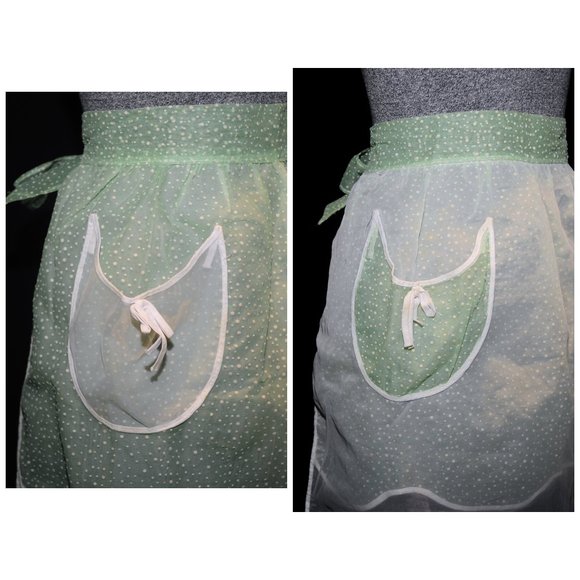 Vintage 50's REVERSIBLE Green Dotted Swiss & Ivory Organza Layered Hostess Apron - Picture 4 of 9